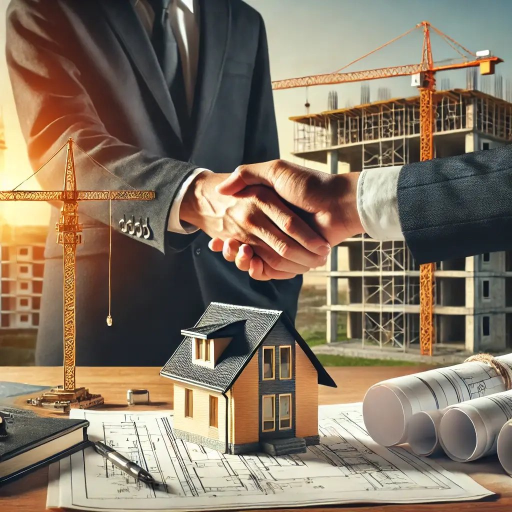 DALL·E 2025-02-02 22.37.39 - A professional construction loan process concept_ A realistic image of a handshake between a banker and a contractor at a construction site, with blue